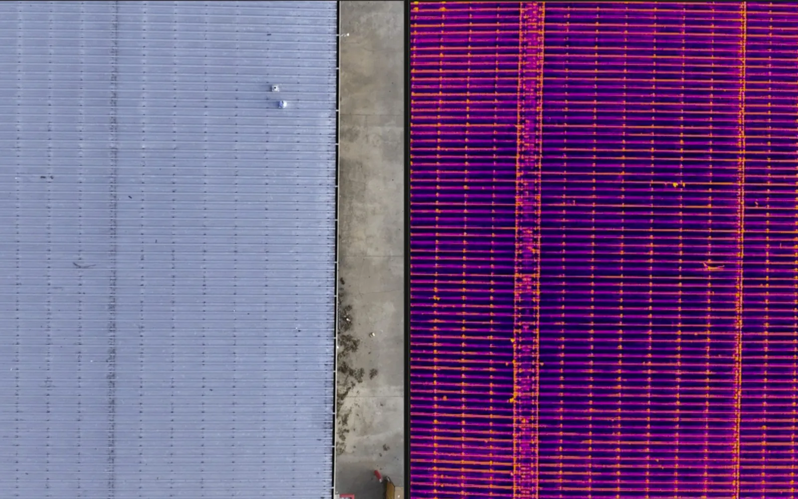 Split visible and thermal orthomosaic of a commercial metal roof; the thermal half exposes a hot ridge line and warm seams invisible in the RGB half.