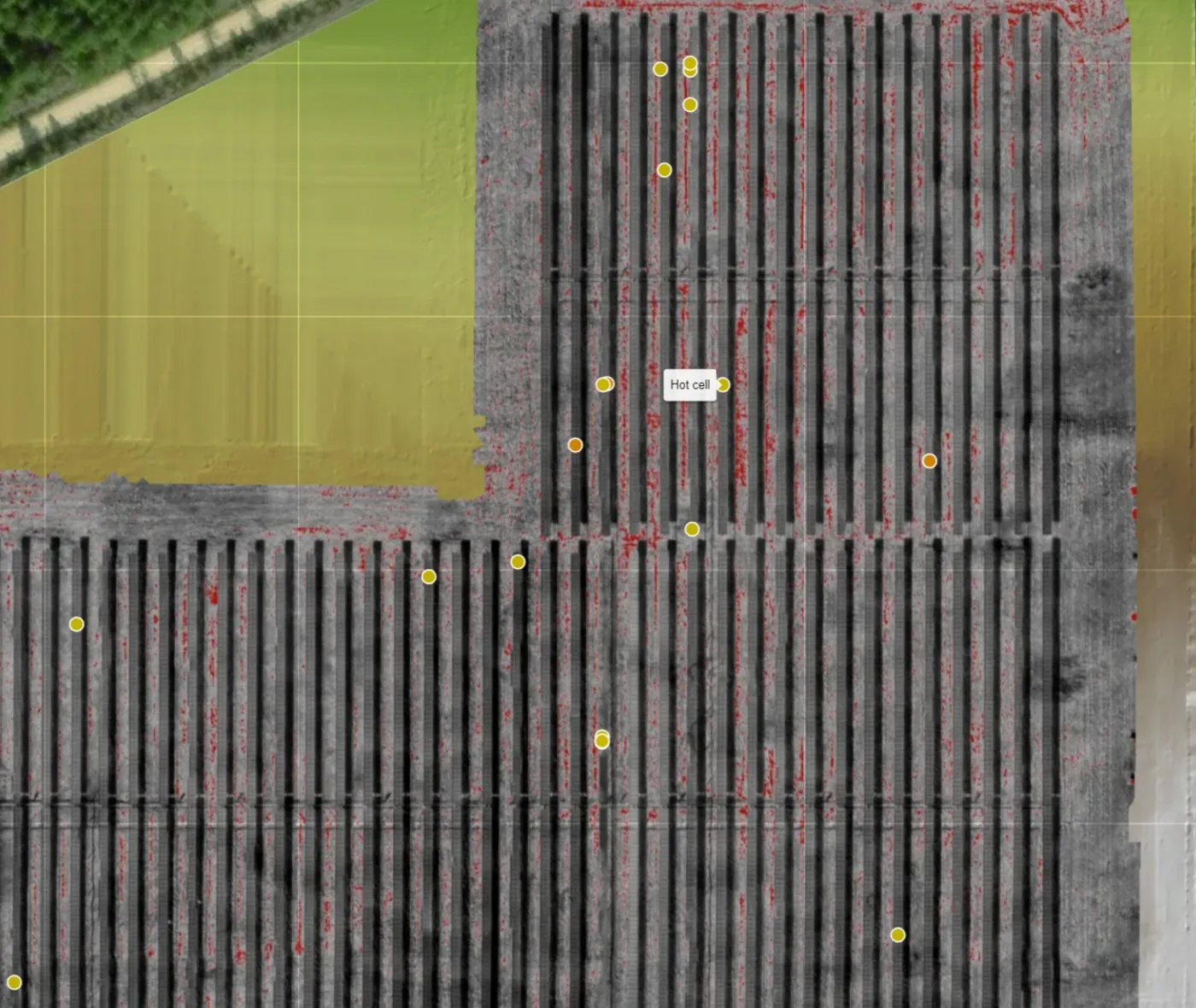 Zoomed section of the thermal map showing individual hot cell markers across the panel rows.