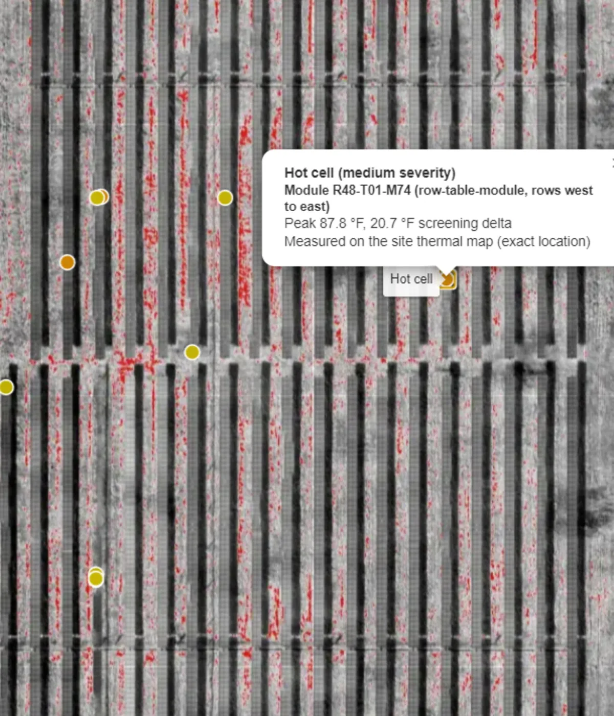 Thermal map callout identifying module R48-T01-M74 as a medium severity hot cell at 87.8 degrees Fahrenheit peak.