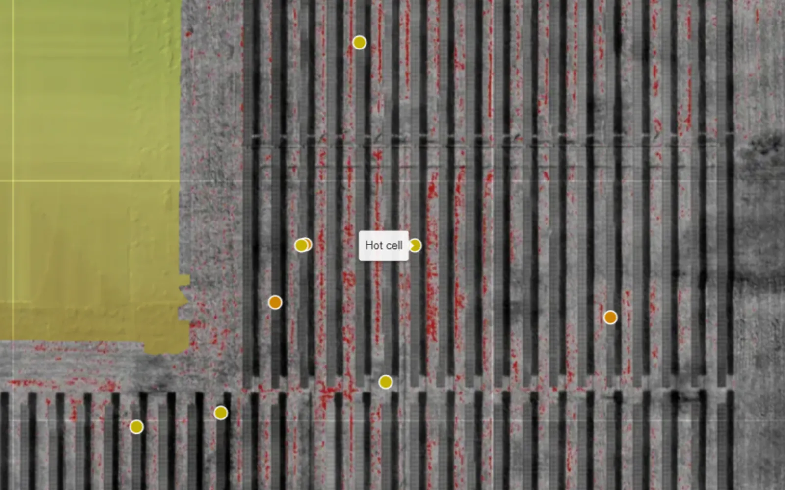 Thermal map of a solar array with a hot cell flagged.